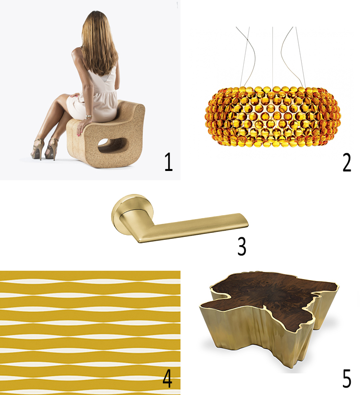 Isabel's Picks for Autumn 2019 -  Isabel barros Architects Wexford, Bench Balance Likecork, Foscarini Caboche Suspension Light Gold, Eames   Lighting, JNF Architectural Hardware, IN.00.240.TG – DYNAMIC, door handle Stainless steel with titanium gold finish, High Pressure Laminate (HPL) Polyrey, OSIER JAUNE , COFFEE TABLE, Brabbu, SEQUOIA Center Table.